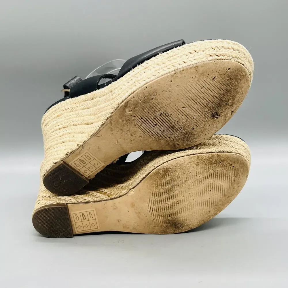J Crew Sandals Women 8.5 Black Vegan Leather Espadrille Wedge Slingback Shoes